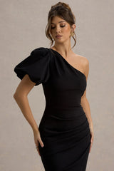 Vittoria | Black Asymmetric Puff-Sleeve Split Maxi Dress