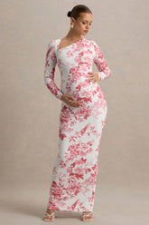 Vanette | Pink Floral Print Asymmetric Long-Sleeve Maternity Maxi Dress