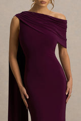 Tiana | Dark Plum Asymmetric-Neck Maxi Dress With Draped Detail
