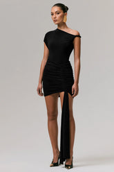 Marci | Black Asymmetric Ruched Mini Dress With Sash