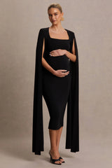 Flawless | Black Square-Neck Maternity Midi Dress With Cape-Sleeves
