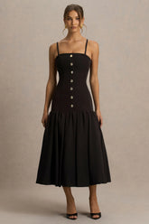 Briella | Black Bandeau Maxi Dress With Gold-Button Detailing