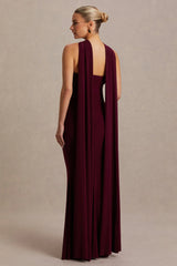Lyra | Burgundy Cross Halter-Neck Maxi Dress With Cape