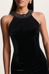 Darya | Black Velvet Embellished High-Neck Maxi Dress