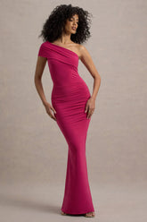 Alethea | Hot Pink Asymmetric Bardot Maxi Dress