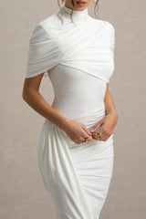 Enchant | White Asymmetric Twisted Cape Midi Dress