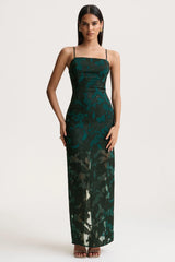 Hada | Dark Green Satin Devore Square-Neck Maxi Dress With Removable Twisted-Cape