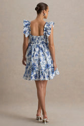 Dolly Daze | Blue Floral Print Ruffle Sleeve Babydoll Maternity Mini Dress
