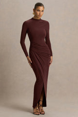 Zephyra | Brown High-Neck Wrapped Maxi Dress
