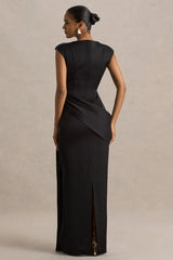 Influence | Black Satin Slashed-Neck Maxi Dress With Embellished and Ruched Details