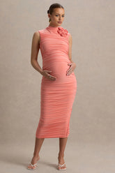 Shellie | Coral High-Neck Maternity Midi Dress With Corsage Detail