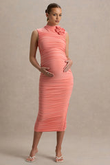 Shellie | Coral High-Neck Maternity Midi Dress With Corsage Detail