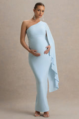 Aliana | Powder Blue Asymmetric Maternity Maxi Dress With Ruched Detailing