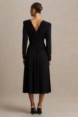 Alexis | Black Plunge-Neck Maxi Dress With Draped And Ruched Detailing