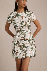 Ophelia | White And Green Sequin Floral And Mesh Mini Dress With Short Sleeves