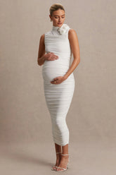 Shellie | White High-Neck Maternity Midi Dress With Corsage Detail
