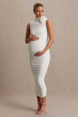 Shellie | White High-Neck Maternity Midi Dress With Corsage Detail