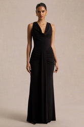 Mallie | Black Cowl-Neck Maxi Dress With Gathered-Detailing