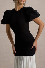 Cinzia | Black & White Puff-Sleeve Volume-Hem Midi Dress