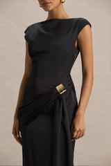 Influence | Black Satin Slashed-Neck Maxi Dress With Embellished and Ruched Details