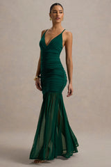 Pasqualina | Bottle Green Ruched Plunge-Neck Maxi Dress