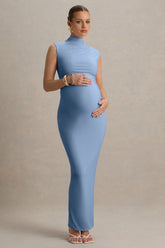 Kienna | Powder Blue Ruched High-Neck Maternity Maxi Dress