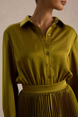 Naxos | Olive Satin Maxi Shirt Dress