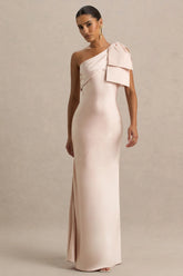 Valerie | Light Pink Satin Asymmetric-Neck Maxi Dress With Bow Detail