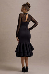 Sander | Black Mesh Long-Sleeve Ruffle-Hem Midi Dress