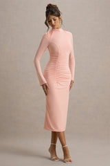 Cassandra | Pink High-Neck Long-Sleeve Midi Dress