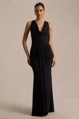 Mallie | Black Cowl-Neck Maxi Dress With Gathered-Detailing