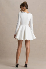 Astonish | White Long-Sleeve Embellished Mini Dress With Volume Skirt