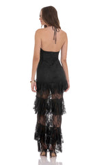 Sheer Lace Ruffle Maxi Dress in Black
