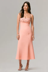 One To Remember | Coral Square-Neck Embellished Midi Dress