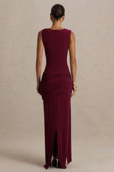 Decadence | Burgundy High-Neck Wrapped Maxi Dress With Twist-Sleeve