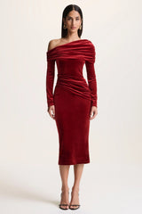 Eirene | Red Velvet Asymmetric-Neck Midi Dress