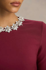 Jovana | Burgundy Hand-Embellished Crew-Neck Midi Dress With Drop Waist