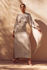 Belinda | Champagne Draped Maxi Dress With Cape Sleeves