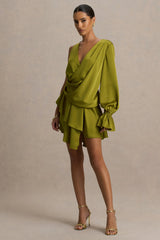 Cara | Olive Satin Plunge-Neck Micro-Mini Dress With Long Sleeve