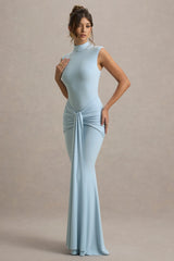 Graziana | Powder Blue High-Neck Gathered Draped Maxi Dress