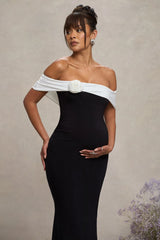 In Bloom | Black & White Bardot Maternity Maxi Dress With Flower