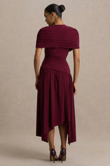 Ione | Burgundy Wrapped Midi Dress With Hanky Hem