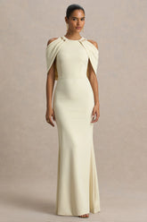 Yulia | Sand High-Neck Maxi Dress With Cape Sleeves