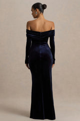 Countess | Navy Bardot-Neck Wrapped Maxi Dress With Front-High Split