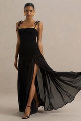 Maeva | Black Square-Neck Fishtail Maxi Dress With Ruched Detailing