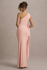 Adelina | Pink One-Shoulder Maxi Dress With Drape