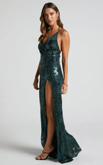 Out Till Dawn Maxi Dress Thigh Split Dress in Emerald Sequin