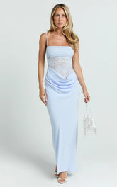 Rania Maxi Dress Contrast Lace Bodice Bias Cowl Drop Waist Dress in Soft Blue