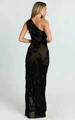 Shelby Maxi Dress One Shoulder Rosette Fitted Applique Dress in Black