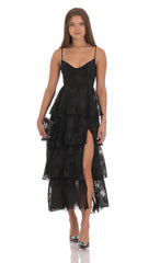 Floral Ruffle A-line Maxi Dress in Black